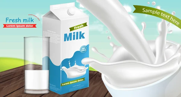 우유 패키지 스플래쉬와 현실적인 벡터입니다. 제품 배치를 모의입니다. 라벨 디자인입니다. 스플래시 우유 배경 — 스톡 벡터