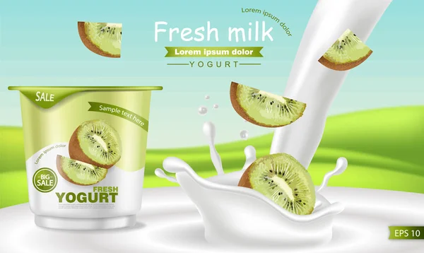 Kiwi Joghurt Vektor realistisch. Produktplatzierung-Attrappe auf. frischer Joghurt spritzt mit Früchten. Etikettendesign. 3D detaillierte Abbildungen — Stockvektor