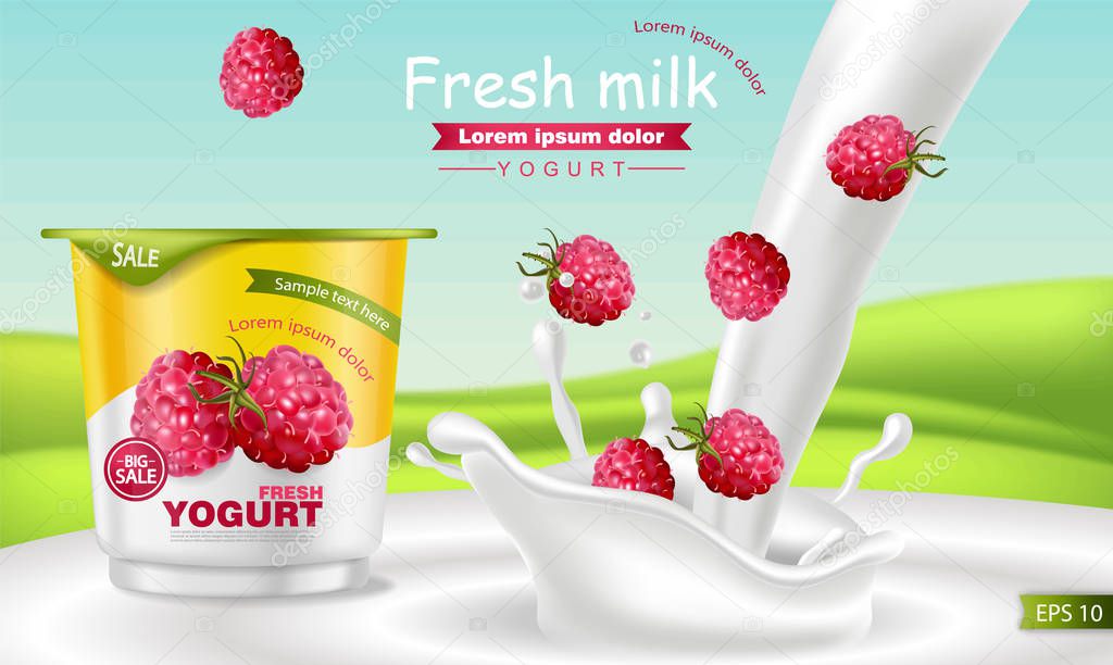 Raspberry yogurt Vector realistic. Product placement mock up. Fresh yogurt splash with fruits. Label design. 3d detailed illustrations