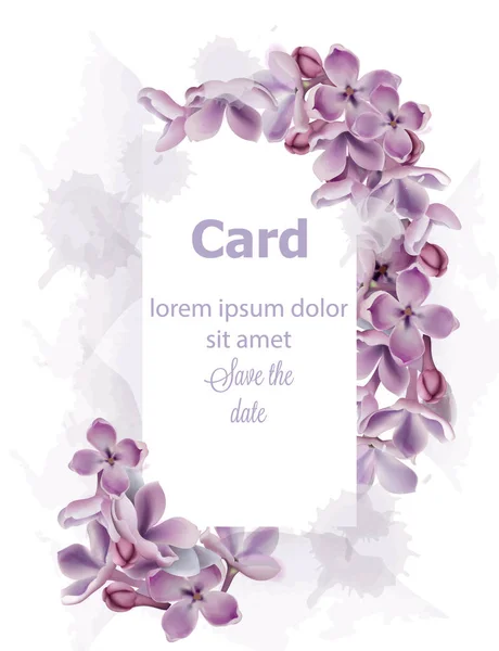 Purple lila flores tarjeta invitación Vector acuarela. Boda floral romántica o decoración de tarjetas de felicitación. Día de la Mujer, Día de San Valentín, ventas y otros eventos — Archivo Imágenes Vectoriales