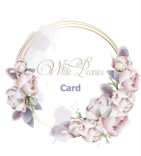 Παιωνία λουλούδια στεφάνι κάρτα ακουαρέλα διάνυσμα. Ρομαντικά floral διακόσμηση πρόσκληση ή ευχετήρια κάρτα. Γυναικών ημέρα, ημέρα του Αγίου Βαλεντίνου, πωλήσεων και άλλες εκδηλώσεις — Διανυσματικό Αρχείο