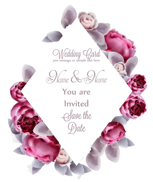Rózsaszín bazsarózsa virágok akvarell vektor kártya. Romantikus virágos meghívó és üdvözlőlap dekoráció. Nők napja, Valentin-nap, értékesítési és egyéb események — Stock Vector