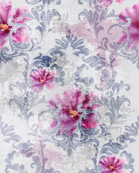 Modèle de texture baroque avec des roses vectorielles. Décoration ornementale florale. Design rétro gravé victorien. Décors vintage en tissu. Tissus de luxe — Image vectorielle