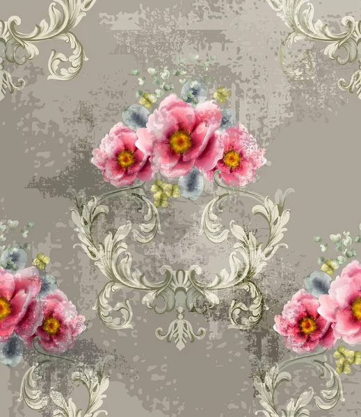 Barokke structuurpatroon met Lentebloemen Vector. Floral ornament versiering. Victoriaanse gegraveerd retro ontwerp. Vintage stof decoren. Luxe stoffen — Stockvector