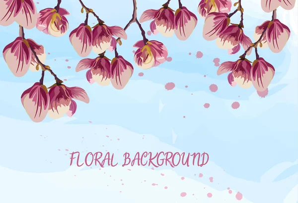 Flores de magnolia primavera Vector. Hermosas plantillas de tarjetas. Fondos azules — Vector de stock
