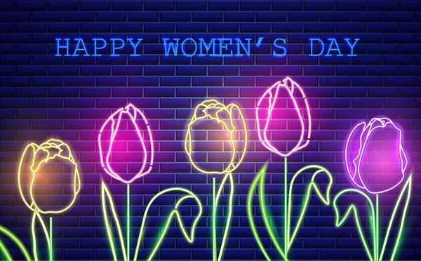 Happy Mother day tulip flowers neon light Vector. Vintage board. Glowing bouquet. Shiny Neon Light Poster, Flyer, Banner, Postcard, Invitation. Vector 3d Illustrations — Stock Vector