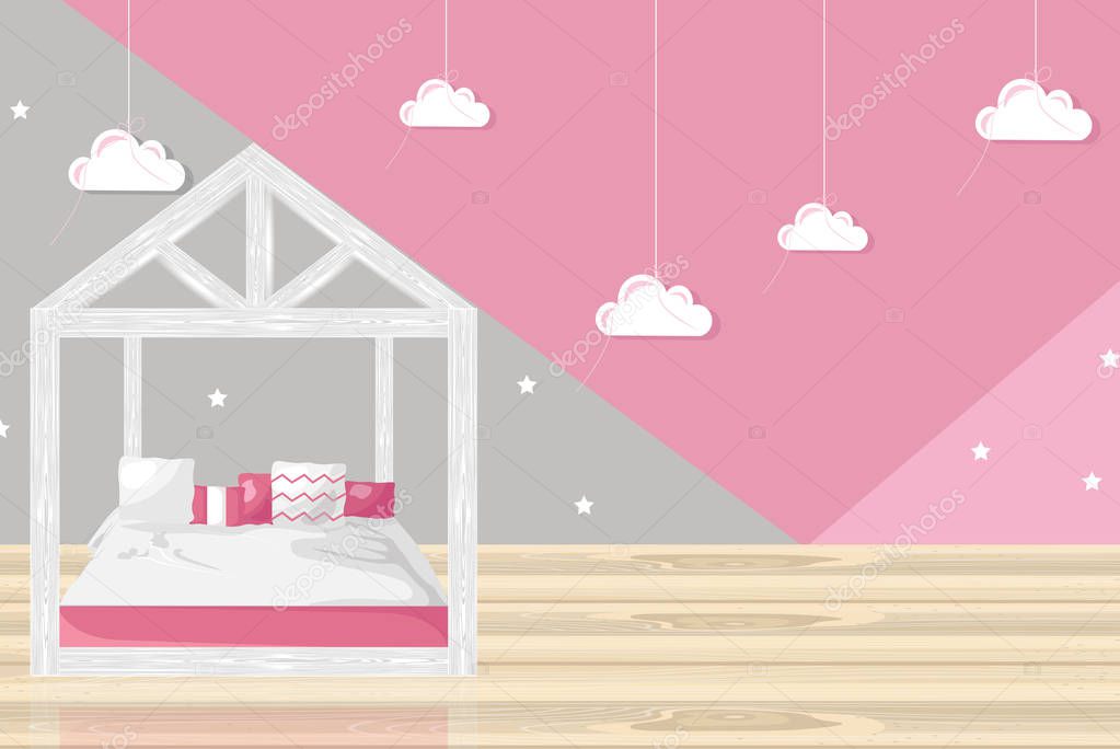 Pink girl bedroom Vector flat style. Modern trendy decorations