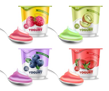 Meyve yoğurt vektör gerçekçi ayarlayın. Berry, ahududu ve kivi