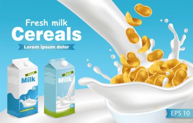 Süt ve tahıllar sıçrama ile gerçekçi vektör. Ürün yerleştirme kadar sahte. Etiket tasarımı. Splash süt arka planlar