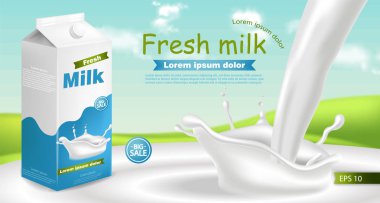 Süt paket vektör sıçrama ile gerçekçi. Ürün yerleştirme kadar sahte. Etiket tasarımı. Splash süt arka planlar