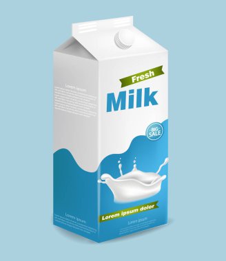 Süt paket vektör sıçrama ile gerçekçi. Ürün yerleştirme kadar sahte. Etiket tasarımları