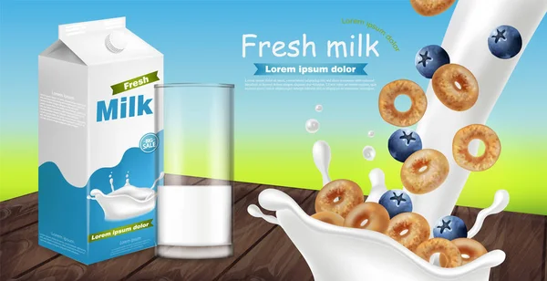 Γάλα και δημητριακά Vector ρεαλιστική με παφλασμό. Ομοίωμα τοποθέτηση προϊόντων. Σχεδιασμός ετικέτας. Splash γάλα φόντα — Διανυσματικό Αρχείο