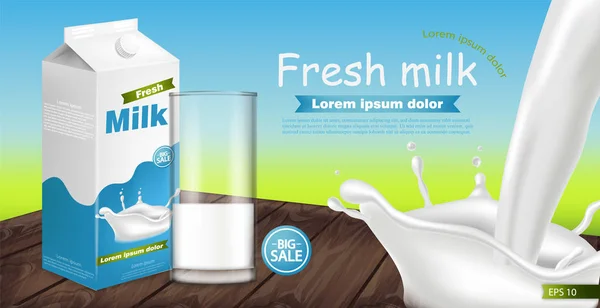 Pacote de leite Vector realista com respingo. Colocação de produto mock up. Design de etiquetas. Splash fundos de leite — Vetor de Stock