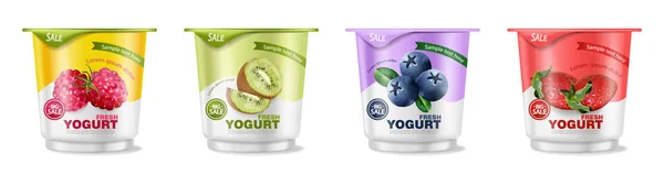 Fruits yogurt set Vector realistic. Berry, raspberry and kiwi collections — Stock Vector