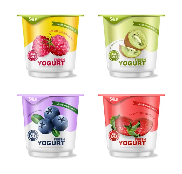 Set de yogurt de frutas Vector realista. Colecciones de bayas, frambuesas y kiwi — Vector de stock