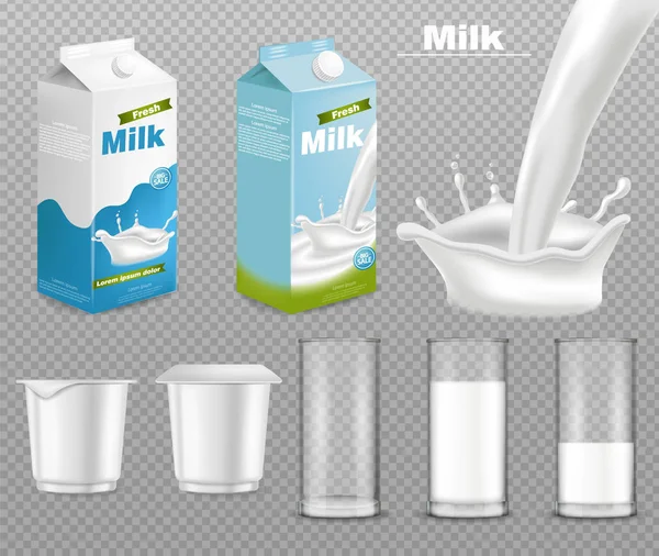 Pacote de leite e iogurte Vetor realista. Colocação de produtos lácteos simular. Design de etiquetas. Splash leite isolado em transparentes — Vetor de Stock