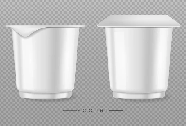 Joghurt isoliert auf transparenten Vektor realistisch. Produktplatzierung leere Behälter — Stockvektor
