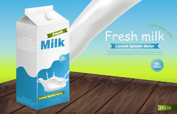 Pacote de leite na mesa de madeira Vector realista com respingo. Colocação de produto mock up. Design de etiquetas. Splash fundos de leite —  Vetores de Stock