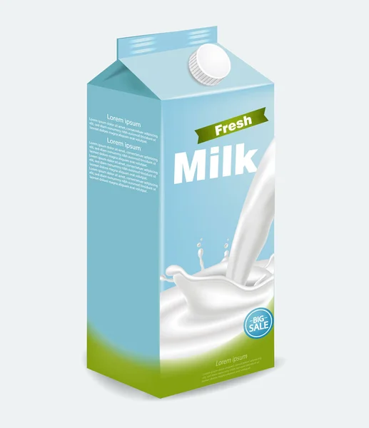 Pacchetto latte vettoriale realistico con spruzzi. Mock up posizionamento del prodotto. Disegni di etichette — Vettoriale Stock