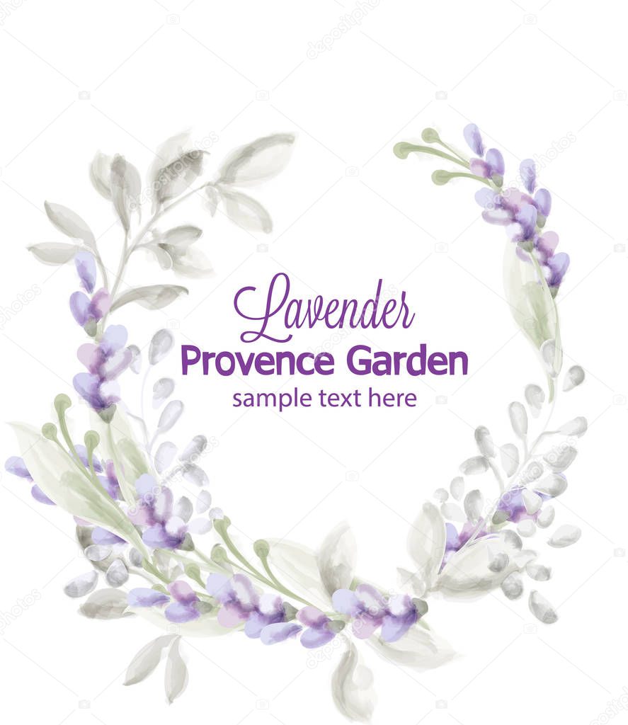 Lavender wreath card Vector watercolor. Provence flowers delicate wedding, ceremony, posters