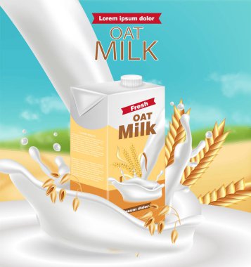 Yulaf süt paketi Vektör sıçrama ile gerçekçi. Ürün yerleştirme alay. Etiket tasarımı. Splash süt arka planlar
