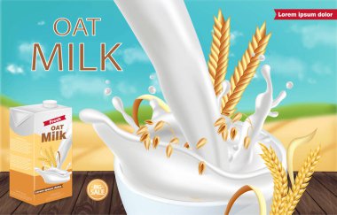 Yulaf süt paketi Vektör sıçrama ile gerçekçi. Ürün yerleştirme alay. Etiket tasarımı. Splash süt arka planlar