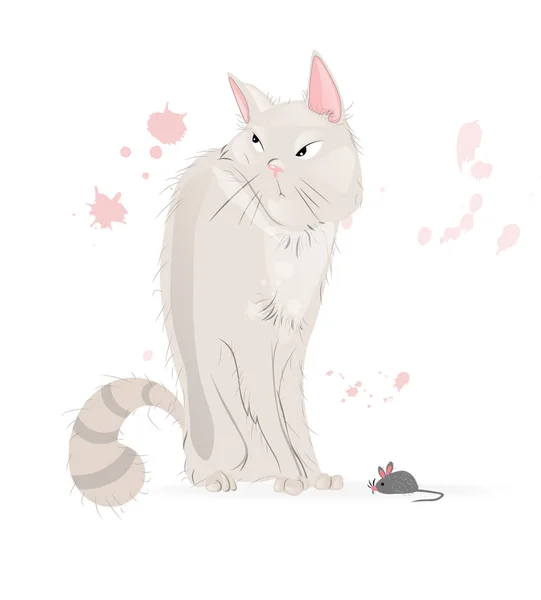 White Cat and a mouse Vector cartoon character. Киска раздраженный взгляд — стоковый вектор