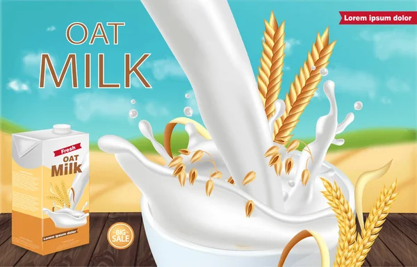 Yulaf süt paketi Vektör sıçrama ile gerçekçi. Ürün yerleştirme alay. Etiket tasarımı. Splash süt arka planlar