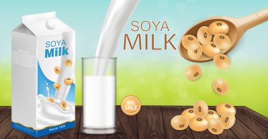 Soya sütü sıçrama Vektör gerçekçi ile reklamlar kadar sahte. Süt kutusu ürün yerleştirme. Etiket tasarımı. 3d detaylı fasulye. Doğal alanlar bokeh arka planlar