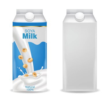 Soya sütü izole Vektör gerçekçi kadar alay. Süt kutusu ürün yerleştirme. Etiket tasarımları