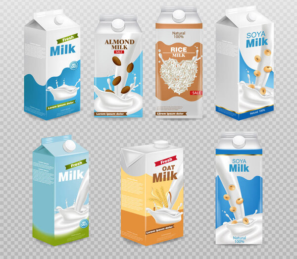 Milk boxes isolated on transparent background Vector realistic. Collection of regular milk, oats, soy, rice and almond milk. Realistic 3d illustration sets
