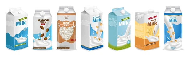 Conjunto de cajas de leche Vector realista. Recogida de leche normal, avena, soja, arroz y leche de almendras. Conjuntos de ilustración 3D realistas — Archivo Imágenes Vectoriales