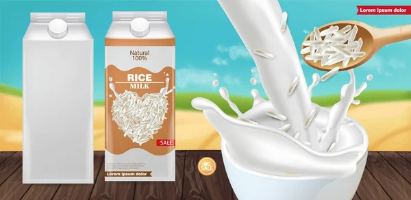 Rice milk splash mock up Vector realistic. Product placement advertise. Detailed grains. Label template design. Natural healthy vegan products — Stock Vector