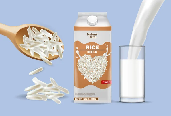 Pirinç süt dökme vektör gerçekçi kadar alay. Ürün yerleşimi reklamı. Detaylı taneler. Etiket şablonu tasarımı. Doğal sağlıklı vegan ürünler — Stok Vektör