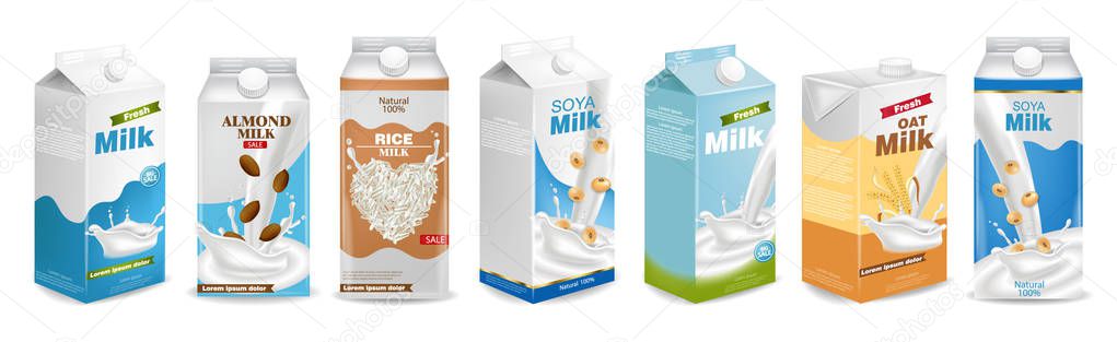Milk boxes set Vector realistic. Collection of regular milk, oats, soy, rice and almond milk. Realistic 3d illustration sets