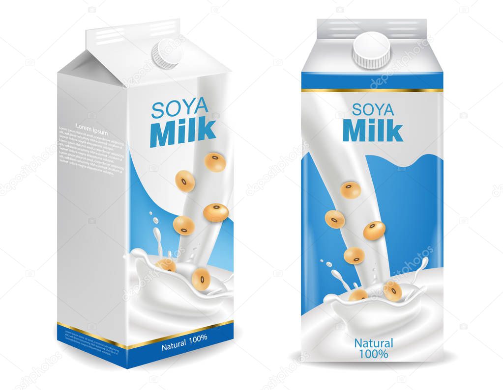 Soy milk mock up isolated Vector realistic. Milk box product placement. Label design
