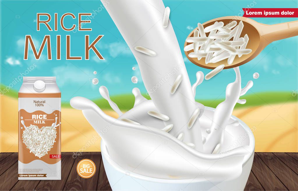 Rice milk mock up Vector realistic. Product placement advertise. Milk splash pouring. Detailed grains. Label template design. Natural healthy vegan products
