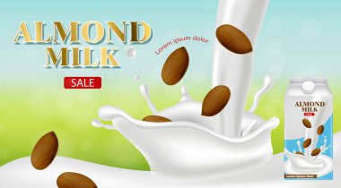 Badem sütü vektör gerçekçi. Ürün yerleşimi reklamı. Splash süt dökülüyor. Etiket şablonu tasarımı. Doğal sağlıklı vegan ürünler