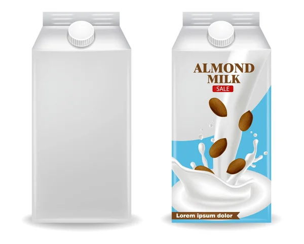 Caixa de produto realista Vector leite de amêndoa. Design de modelo de etiqueta. Bebidas veganas naturais — Vetor de Stock