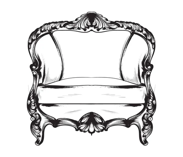 Sillón barroco Vector. Decotaciones de estilo real. Adornos victorianos grabados. Muebles imperiales decoración ilustraciones línea artes — Vector de stock