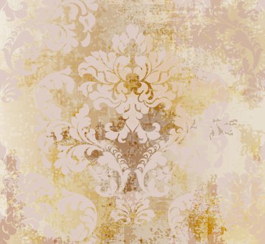 Vector rococo pattern texture. Damask ornament grunge background. Vintage royal fabric rust effect. Victorian exquisite floral templates golden color clipart