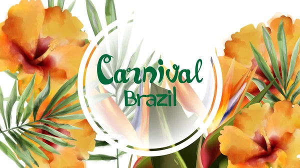 Flores tropicales marco exótico Vector acuarela. Brasil plantillas de diseño festival de carnaval — Archivo Imágenes Vectoriales