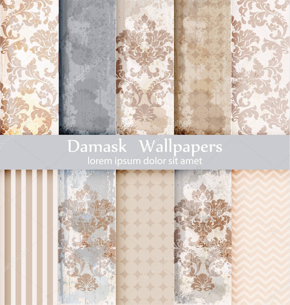 Vector rococo pattern textures set. Damask ornament grunge backgrounds. Vintage royal fabric rust effect. Victorian exquisite floral templates trendy collections