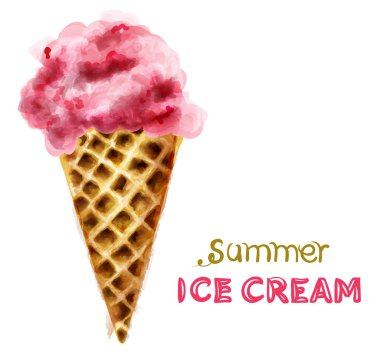 Kiraz suluboya Vektör ile Yaz dondurma konisi. Renkli sulu tatlılar