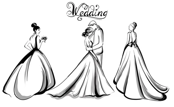 Casamento casal silhueta Vector arte linha. Noivas bonitas, vestidos longos. Modelo para cartões de design —  Vetores de Stock