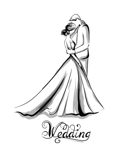 Casamento casal silhueta Vector arte linha. Bela noiva e noivo. Modelo para cartões de design — Vetor de Stock