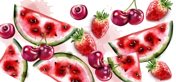 Wassermelone und Kirschvektor Aquarell Textur. Früchte Muster Hintergründe — Stockvektor