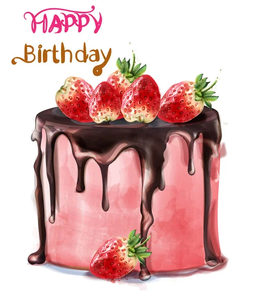 Joyeux anniversaire gâteau aux fraises Aquarelle vectorielle. Décors de cartes — Image vectorielle