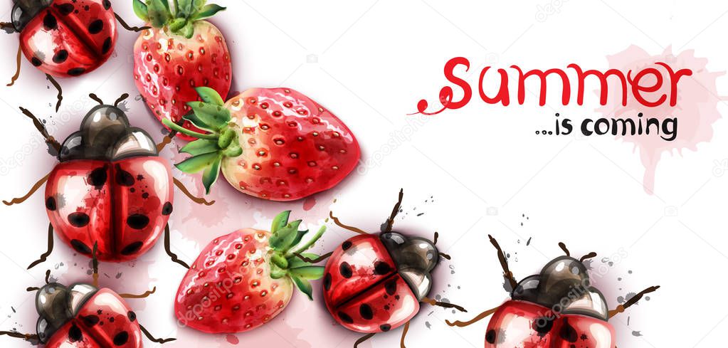 Summer season with strawberry and ladybugs Vector watercolor cards