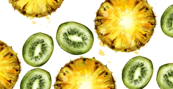 Kiwi und Ananas Muster Vektor Aquarell. Sommer Textur Hintergründe — Stockvektor